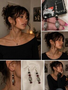 Boho Dangle Earrings with Garnet-Tone Beads 2 1/2 Long